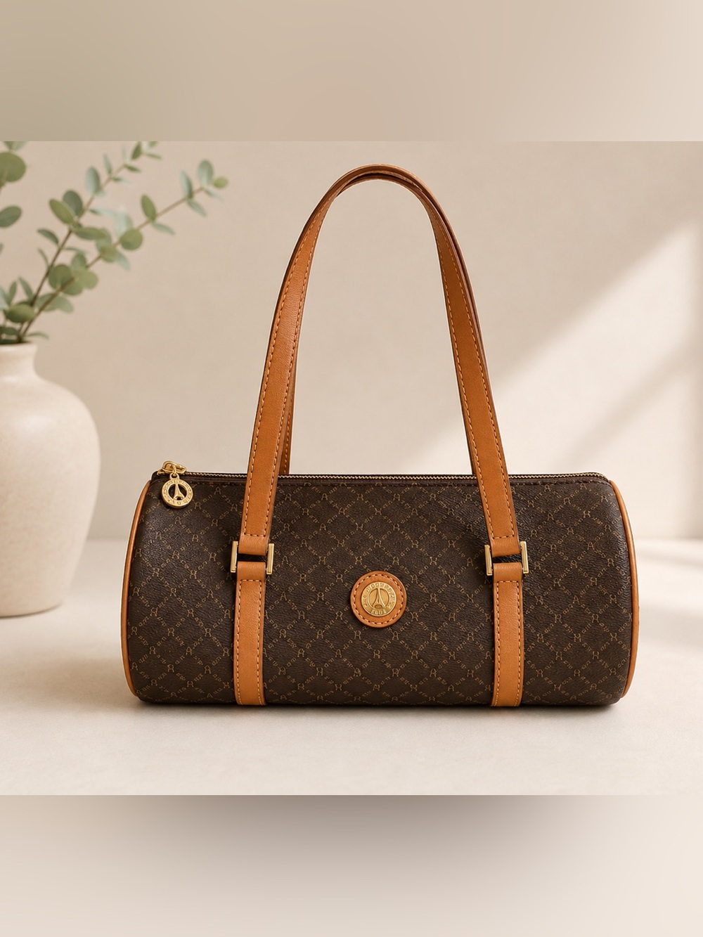 La Tour Eiffel Women's Brown Monogram Barrel Shoulder Bag with Tan Straps